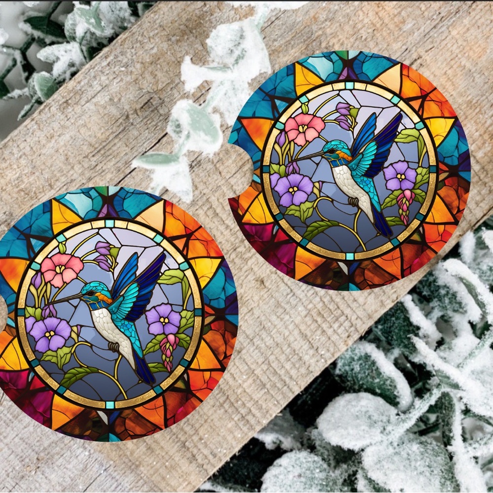Handmade Hummingbird Car Coasters | New Set Of Two Stain Glass Car Coasters